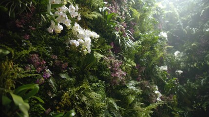 Lush vertical garden wall with white orchids and various green foliage. Nature inspired living decoration for interior design. Biophilic concept.