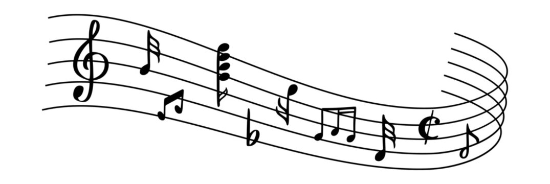 Music background with note sheet wave and melody sound symbol. Abstract line choir song with musical orchestra silhouette sign. Classical music notes vector isolated artistic concept.