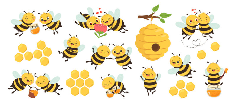 Cute bee with buzz wing and hive wax comb for beekeeping or honey jar. Bees with smile and joy for love heart play fun kid toon. Happy bug characters with flower bloom hex cell for vector mascot