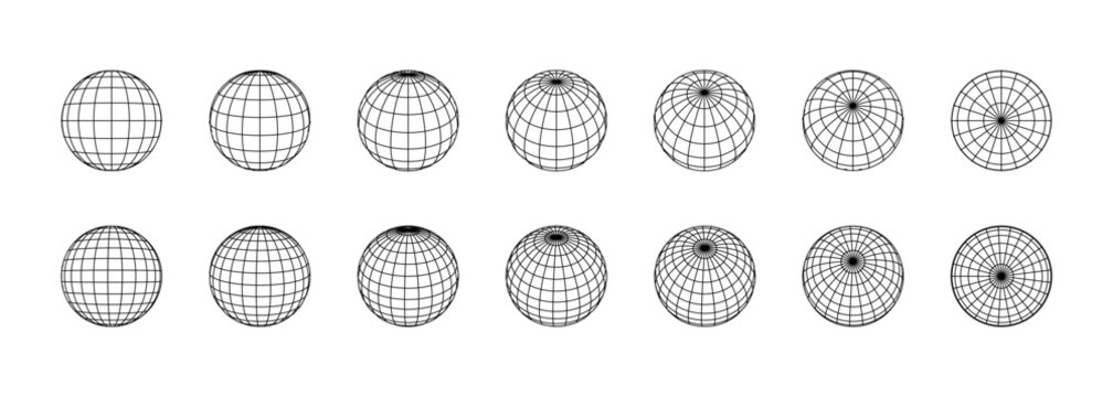 Sphere grid icon with globe earth wireframe, world 3d symbol. Ball wire abstract circle mesh with latitude, longitude meridian parallel. Sphere rotation perspective view y2k sign. Vector isolated set.