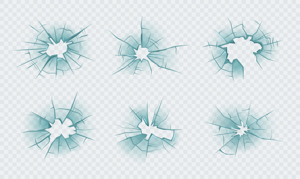 Glass vector set with crack break smash or shard split for tech screen impact. chip hole hit and burst with sharp star web crack for game fx. clean flat ui with damage warn and alert frame overlay