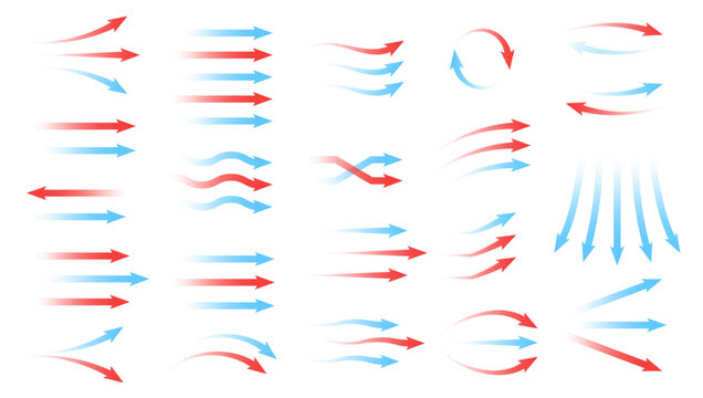 Red and blue arrow. Air heat and cold wave, warm and cooling wind circle. Flow direction, hot current hvac conditioner icon. Ventilation arrows, airflow stream motion speed signs. Vector isolated set.