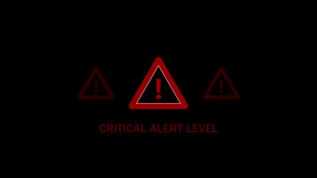 Critical Alert level warning. Cyber security defense and secure digital systems protection against cyber attacks. Urgent threat notification concept.