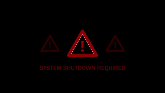 System shutdown required alert warning. Cyber security defense and secure digital systems protection against cyber attacks. Urgent threat notification concept.