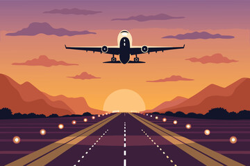 Fototapeta premium Airport Runway Takeoff Sunset Illust