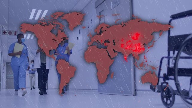 Animation of world map and rain falling over diverse doctors
