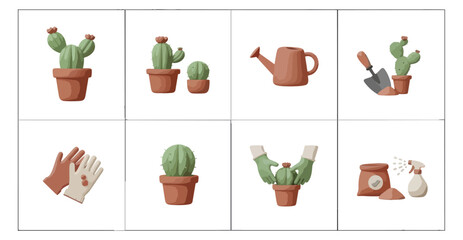 Cactus plants and gardening tools icons set