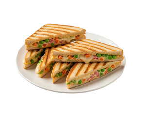 Pile of grilled sandwiches oozing with melted cheese, peas, and carrots on white plate