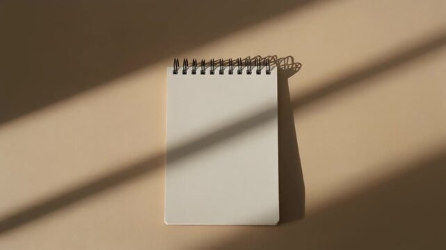 Blank spiral notepad on a beige surface with sunlight shadows.
