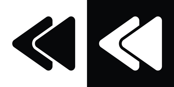 Vector flat icon of a double left arrow or fast backward symbol. Minimalist media player control button for rewind, previous track, and video navigation in black and white.