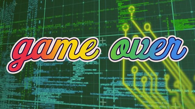 Animation of game over text, computer circuit board and data processing