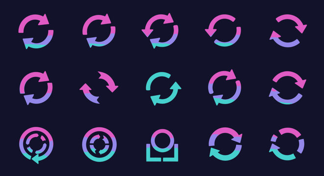A set of modern refresh and reload icon designs with vibrant gradient colors for web design and