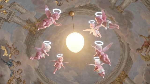 Cherubs flying around glowing hanging lamp. Pink winged figures in ornate baroque ceiling. Animated heavenly scene with celestial light and decorative angels