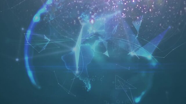 Animation of lights, globe and math formulas in navy space