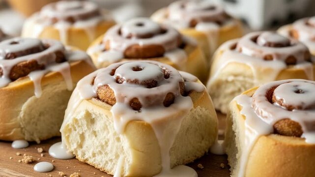 A large batch of freshly baked cinnamon rolls with sweet icing glaze. Delicious homemade pastry dessert banner for a bakery menu or breakfast recipe advertisement