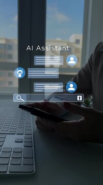 Online support Chatbot conversation. Virtual assistant, artificial intelligence Bot and CRM software automation technology. Chatgpt Chat with AI.Customer person using chat service to get support.	
