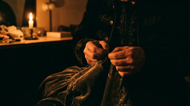 Man holding dark cape by candlelight in vintage room. Circus performer preparing cloth for mysterious act. Dimly lit ritual in historical setting.