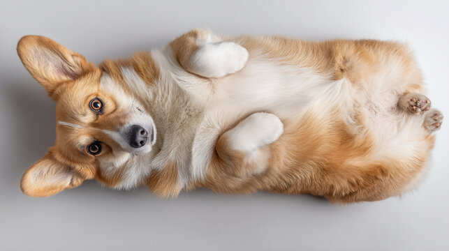 A cute corgi dog lies on its back with its paws in the air looking up
