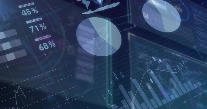 Animation of multiple graphs, database, maps and loading circles with countdown