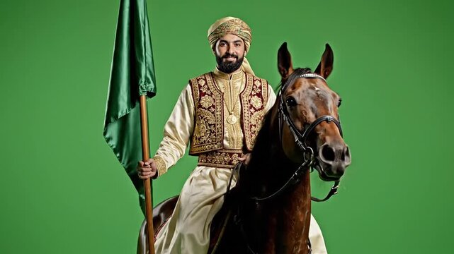 Man in Traditional Clothing Rides Horse Holding Green Flag Against Green Screen Background