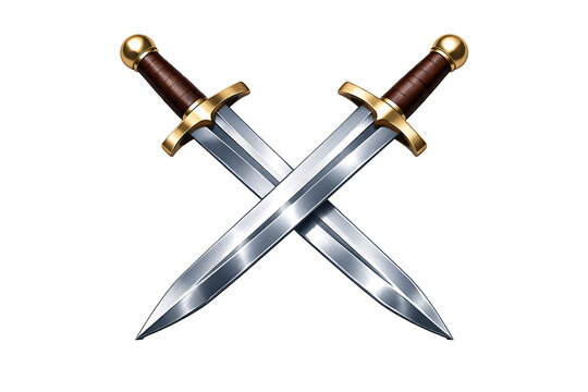 Pair of crossed ancient steel daggers with wooden handles and golden guards representing combat or medieval fantasy isolated on transparent background