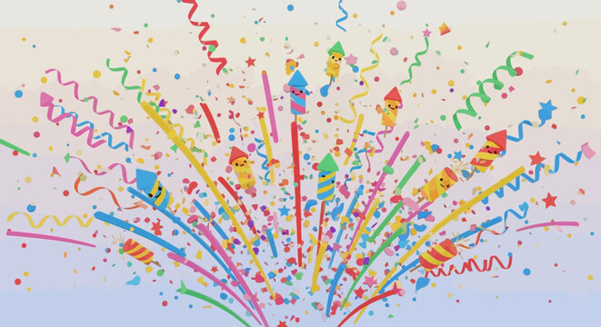 Celebratory explosion of whimsical confetti and animated firecrackers for festive joy