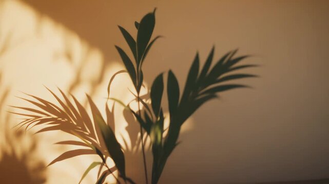 Warm sunlight illuminating a beige wall, creating soft and elongated shadows from tropical plant leaves, forming a natural, minimalist, and serene organic abstract background