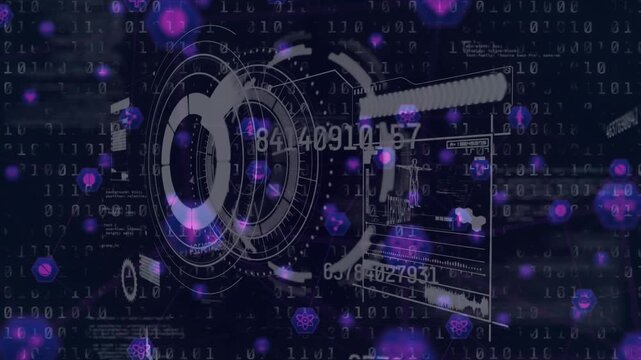 Animation of circle and increasing numbers with icons over looping binary codes in background