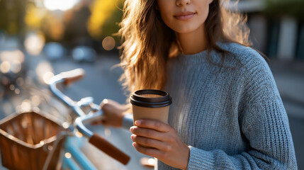 Faceless young woman with reusable coffee mug crossing road with retro bicycle outdoor, slow living simple village eco life, sustainable transportation, mindful consumption, defocused person,
