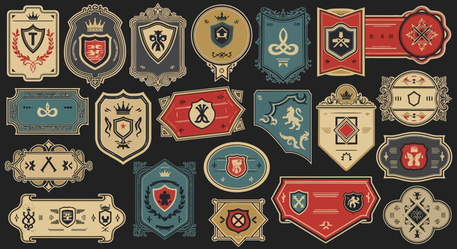 Collection of vintage heraldic shields and banners with royal emblems and symbols patterns