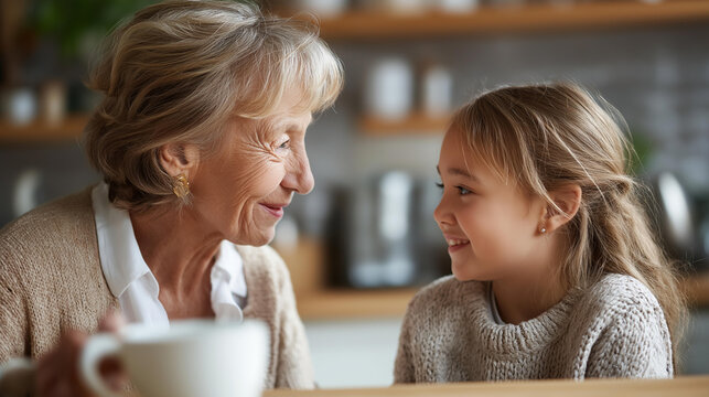 Faceless medium shot of doting grandma looking with love and affection at smiling granddaughter while having tea at kitchen table, intergenerational bonding, family connection, defocused faces,
