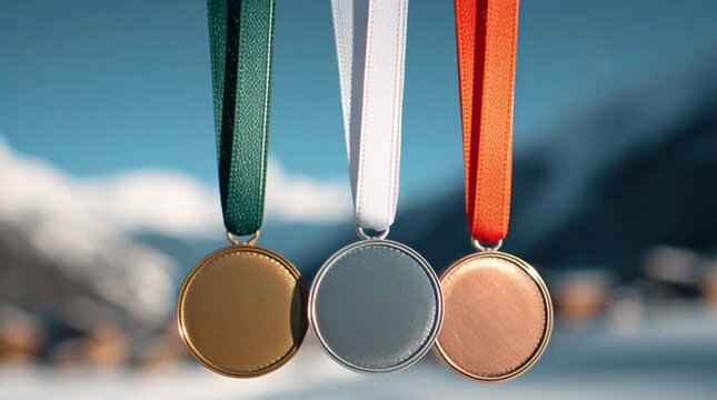 Three medals hang against a snowy mountain backdrop. The Olympic medals are gold, silver, and bronze, symbolizing winter sports competitions in Italy.