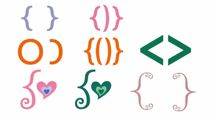 Collection of colorful curly brackets and symbols on a clean white background for design purposes