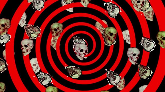Hypnotic spiral black and red vortex with layers of skeleton skulls, Halloween or horror.
