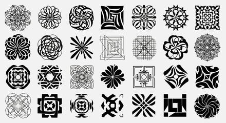 Collection of black and white geometric and floral design elements for creative projects