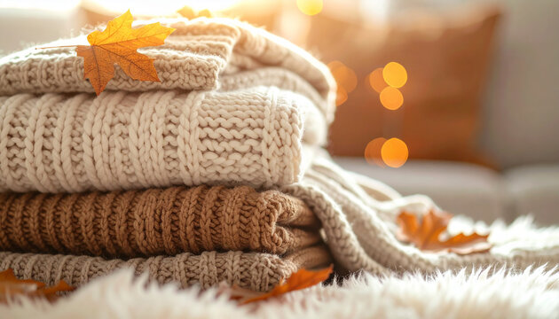 Stack of cozy blankets and knitted textiles in warm autumn and winter tones, home decor inspiration