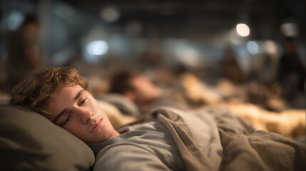 Obraz premium An emergency shelter featuring rows of cots with bedding serves as a vital haven for individuals affected by unforeseen events, illustrating the necessity of preparedness and community resilience