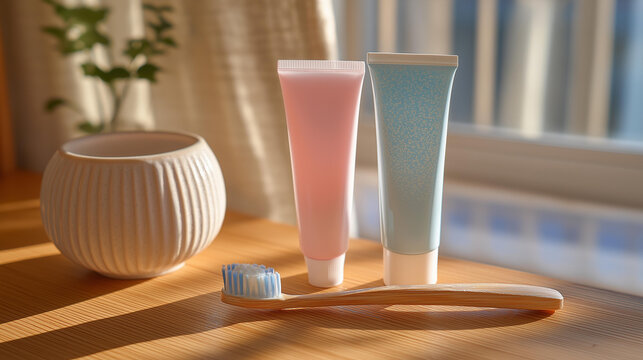 A neatly arranged toothbrush and toothpaste tube highlight applying toothpaste on brush, reflecting a well-organized bathroom space that encourages adults to adopt effective dental routines for a