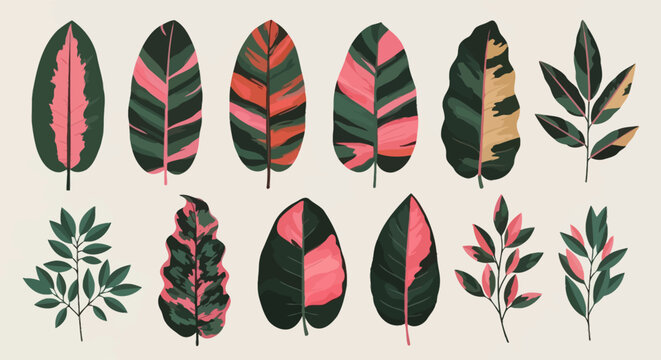 Collection of assorted leaves with varied patterns and colors displayed together in a digital illustration