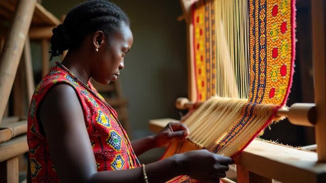 African woman weaving colorful traditional fabric on loom, wearing bright patterned dress and earrings, focused on handcraft work, concept of culture, craft, textiles