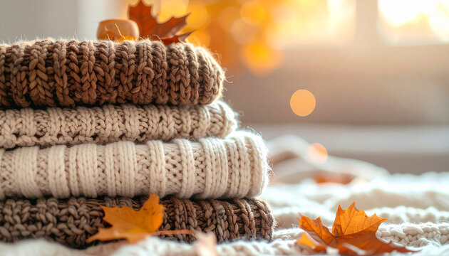 Stack of cozy blankets and knitted textiles in warm autumn and winter tones, home decor inspiration