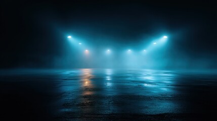 Obraz premium Stage spotlights illuminate a wet surface with reflection