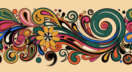 Vibrant floral swirls and abstract shapes in a dynamic illustration, viewed from a straightforward perspective