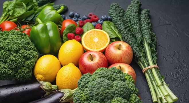 Assorted fruits and vegetables arranged on a dark textured surface viewed from above