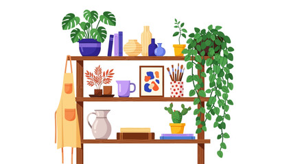A wooden shelf displaying various plants and decorative items in a cozy indoor setting with a serene atmosphere