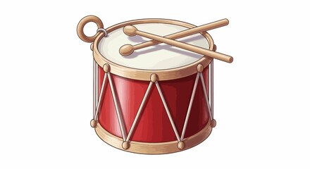 A red snare drum with drumsticks on a transparent background, viewed from the front, showcasing its gold hardware and white drumheads, ready for musical performance