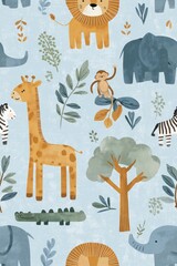 Fototapeta premium Cute cartoon jungle animals seamless pattern. Safari animals pattern with giraffes, elephants, and lions on a light blue background