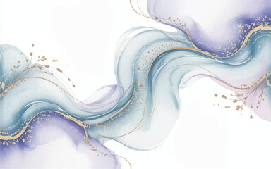 Ethereal Abstract Watercolor Background with Flowing Blue and Purple Waves and Golden Glitter Accents for Creative Designs