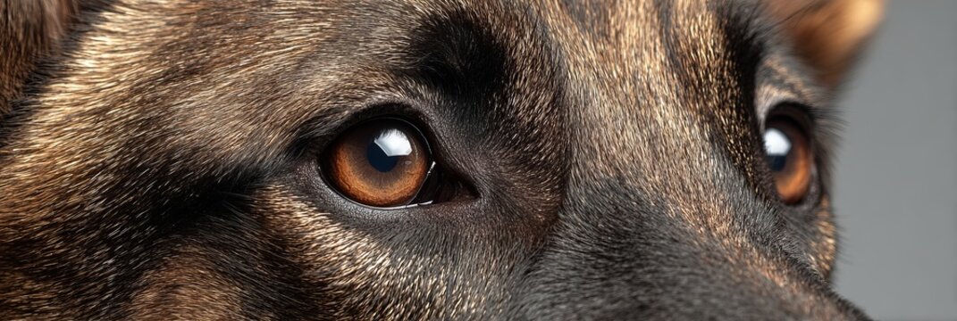 An Alert Brindle Belgian Malinois with Striking Brown Eyes Posed Elegantly Against a Gray Background