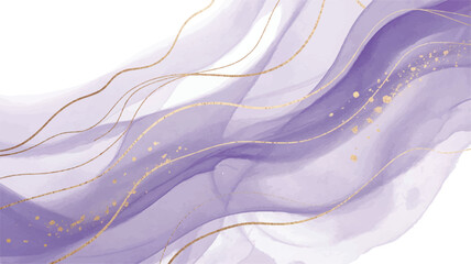 Abstract Purple Watercolor Background with Flowing Golden Lines and Shimmering Glitter Accents, Creating an Elegant and Ethereal Artistic Texture
